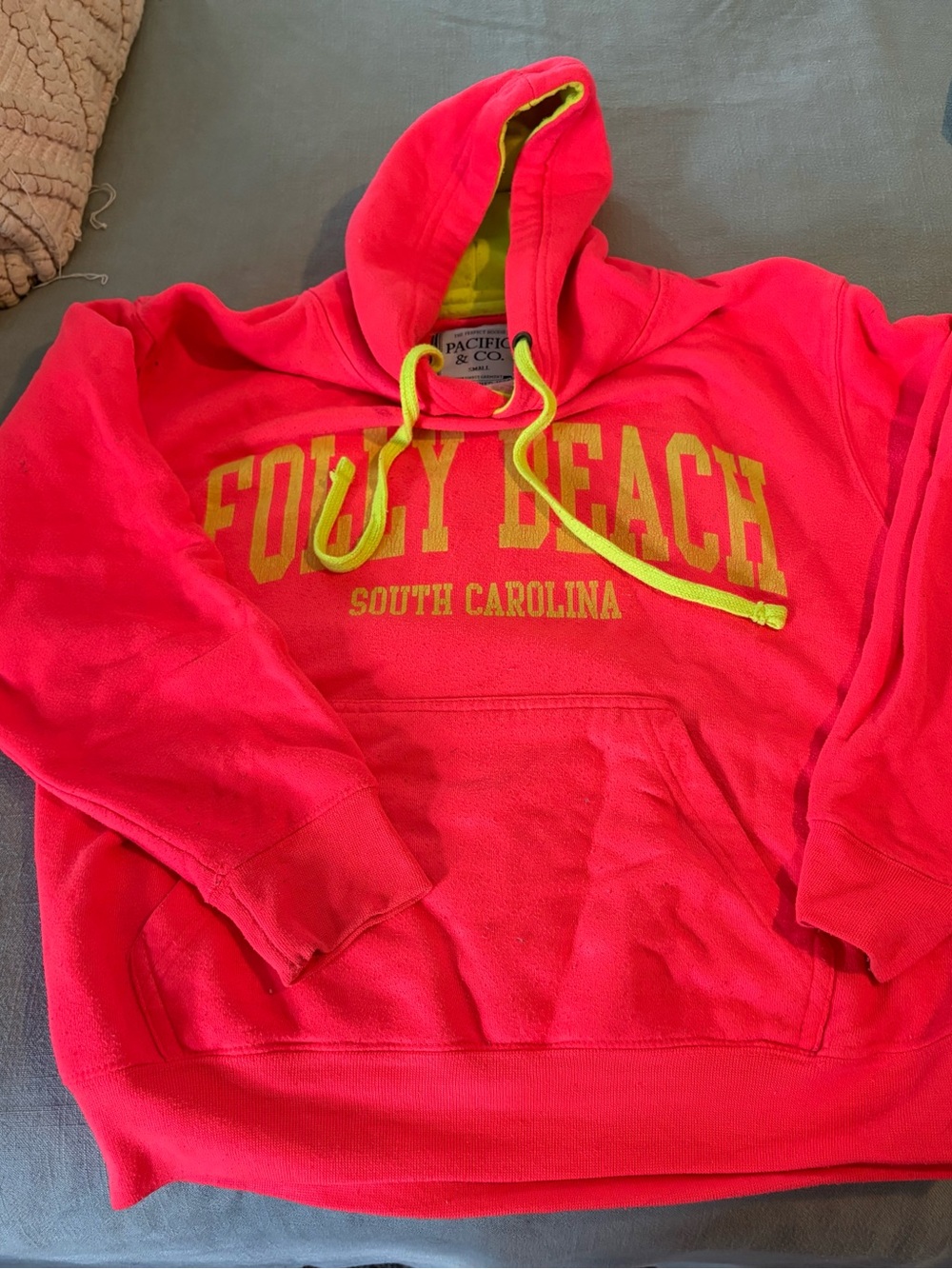 Folly Beach South Carolina Neon Pink Hoodie with Yellow Accent